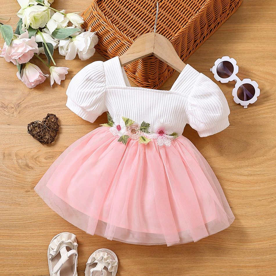 Baby Girl 95% Cotton Ribbed Square Neck Puff-sleeve Spliced Floral Embroidered Mesh Dress Pink