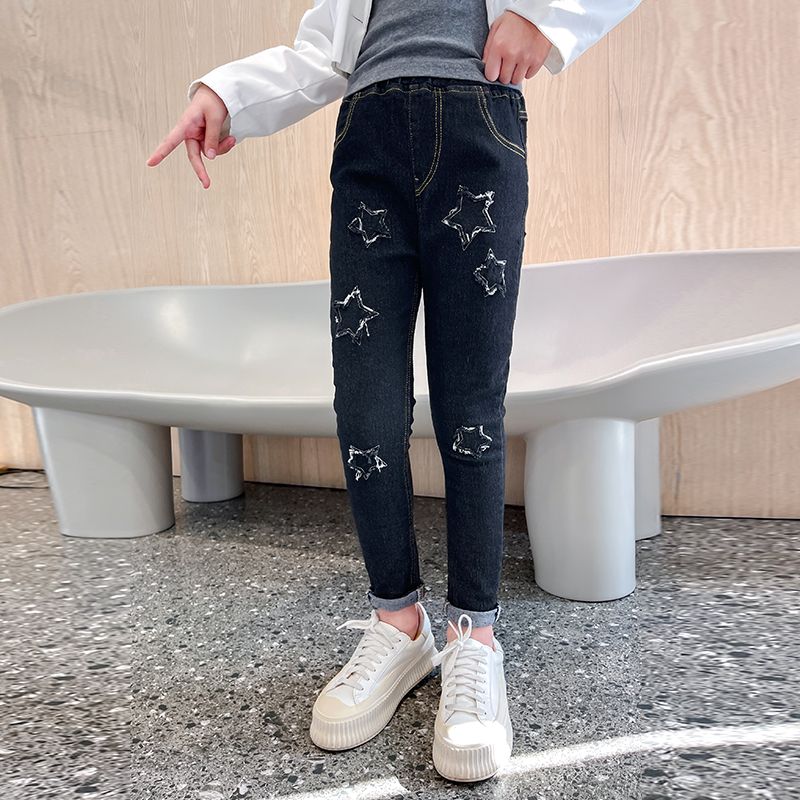 Kid Girl Stars Pattern Ripped Denim Skinny Jeans Black