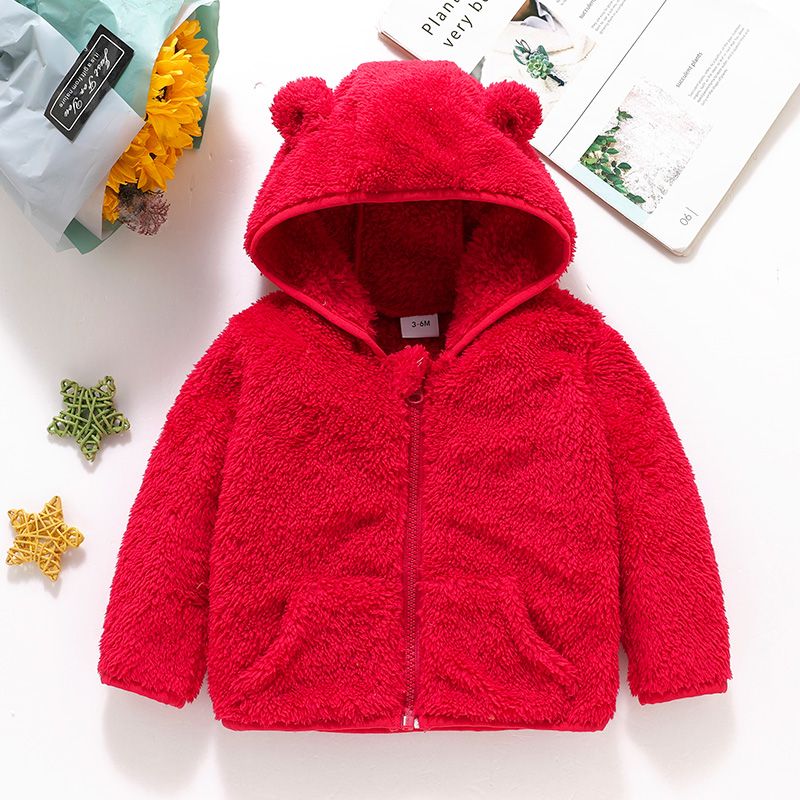 Baby Boy/Girl Solid Fuzzy Fleece Long-sleeve Hooded Zip Jacket Red