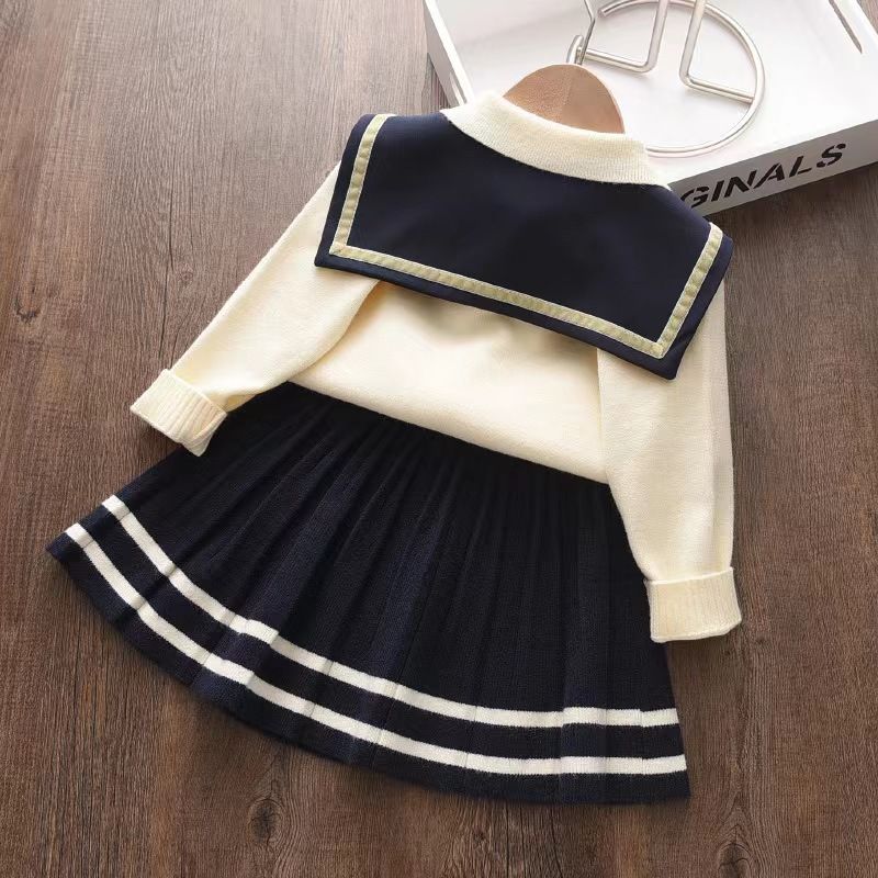 3pcs Toddler Girl Preppy style Bowknot Design Knitwear Sailor Shawl and Pleated Skirt Set OffWhite big image 3