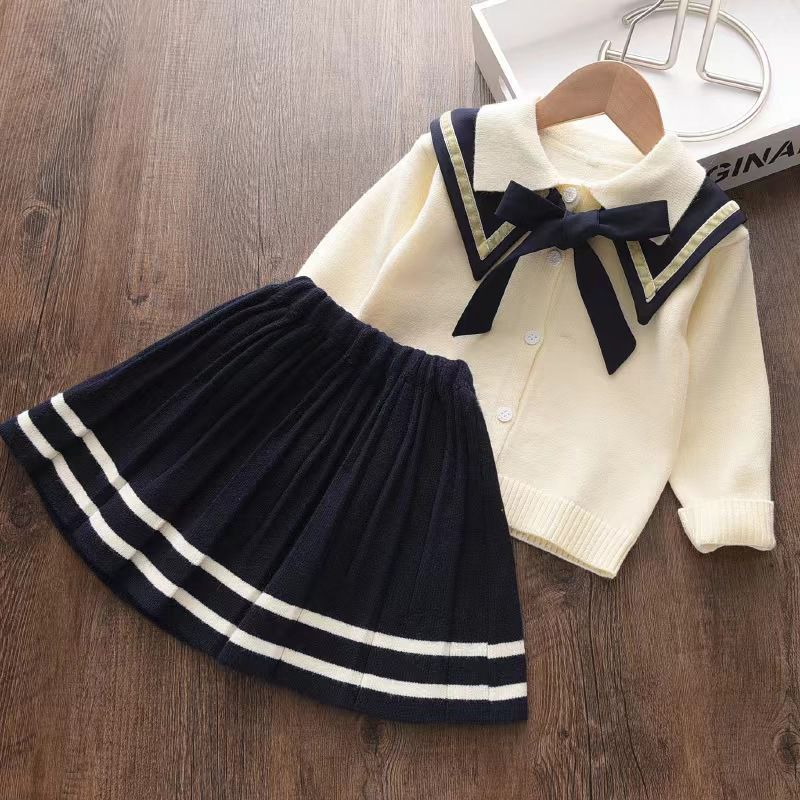 3pcs Toddler Girl Preppy style Bowknot Design Knitwear Sailor Shawl and Pleated Skirt Set OffWhite big image 1