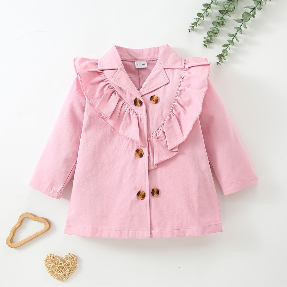 100% Cotton Baby Girl Double Breasted Pink Lapel Long-sleeve Ruffle Outwear Pink