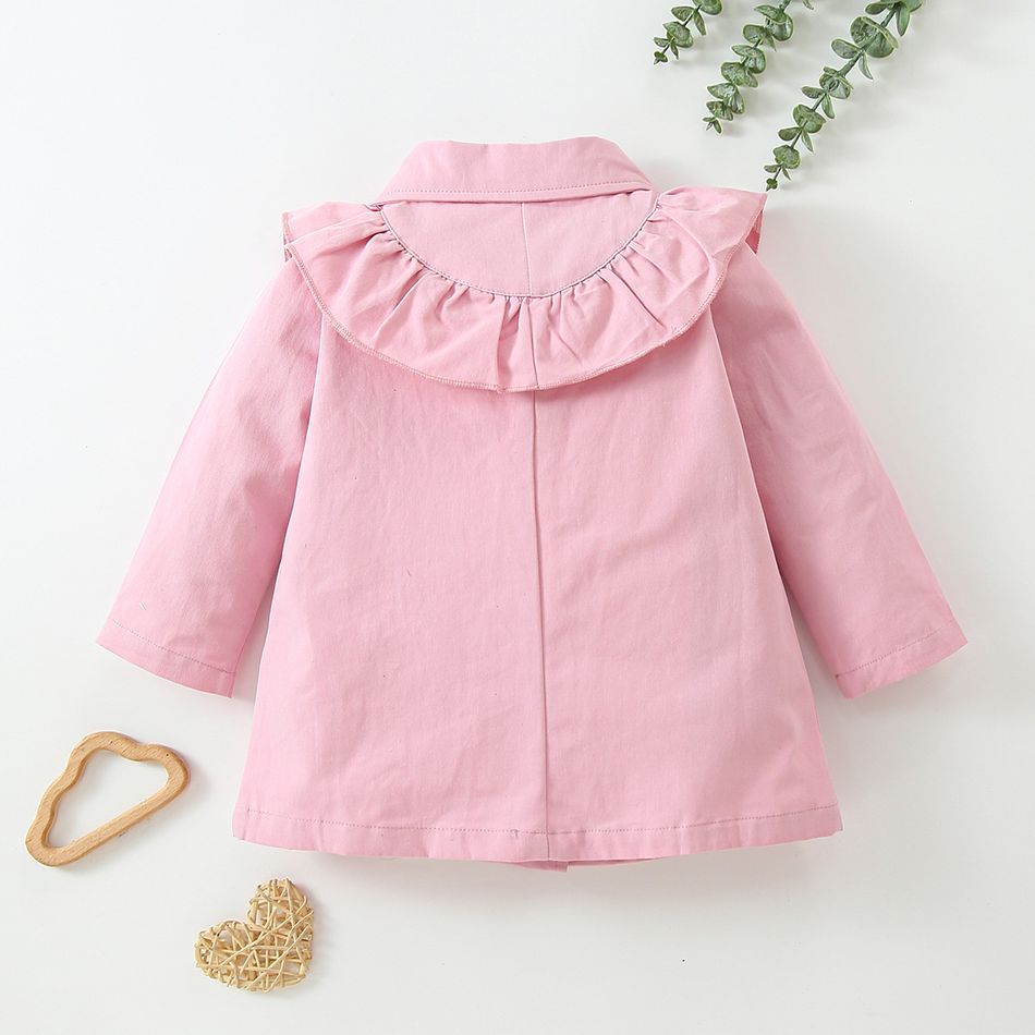 100% Cotton Baby Girl Double Breasted Pink Lapel Long-sleeve Ruffle Outwear Pink big image 2