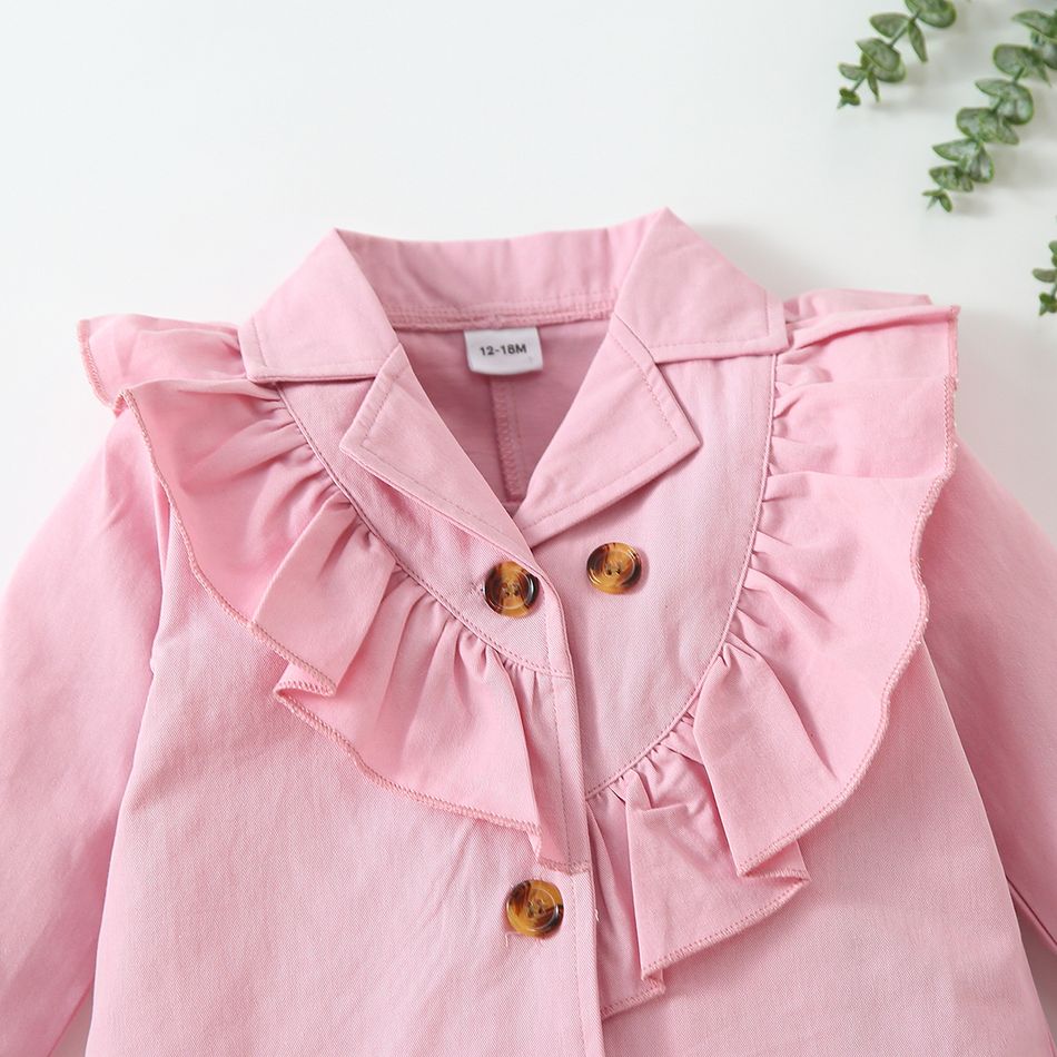 100% Cotton Baby Girl Double Breasted Pink Lapel Long-sleeve Ruffle Outwear Pink big image 3