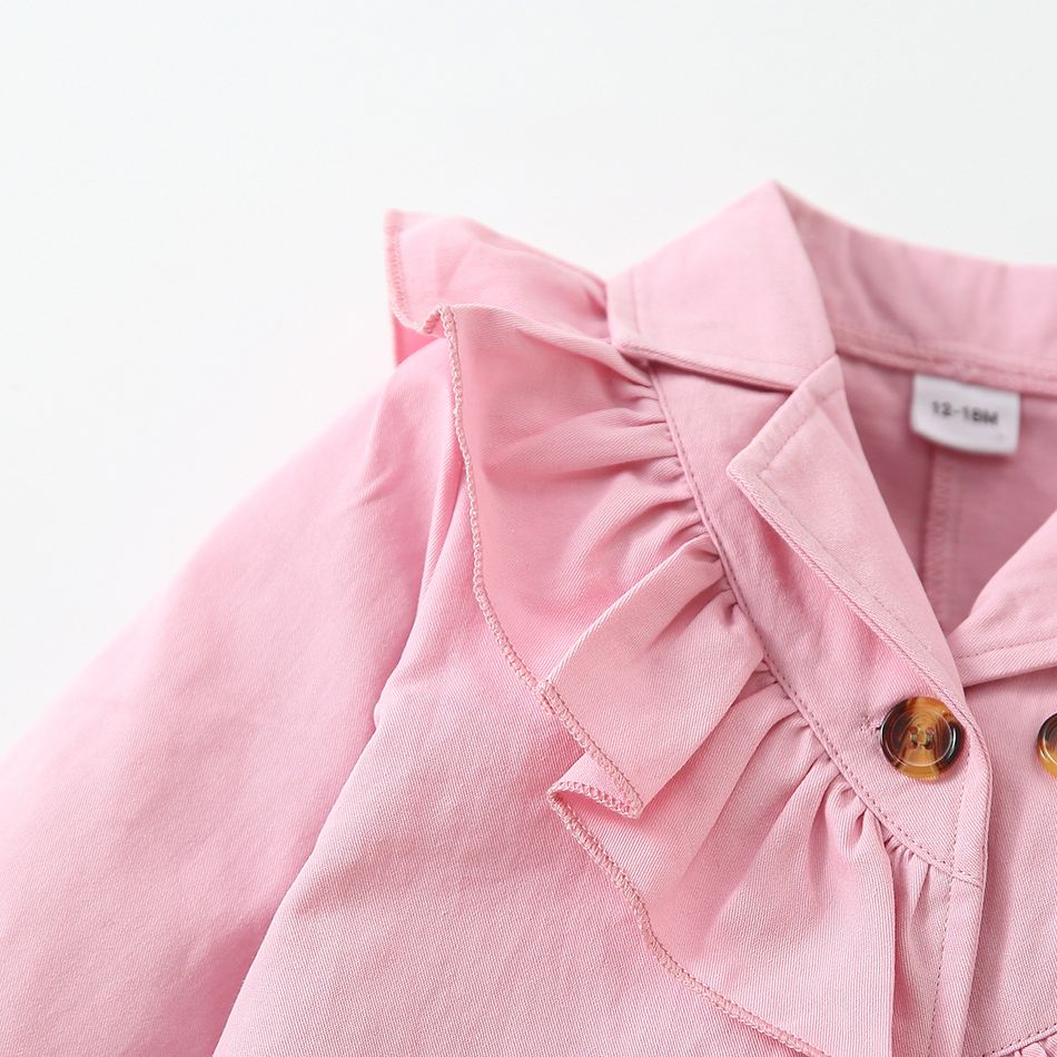 100% Cotton Baby Girl Double Breasted Pink Lapel Long-sleeve Ruffle Outwear Pink big image 4