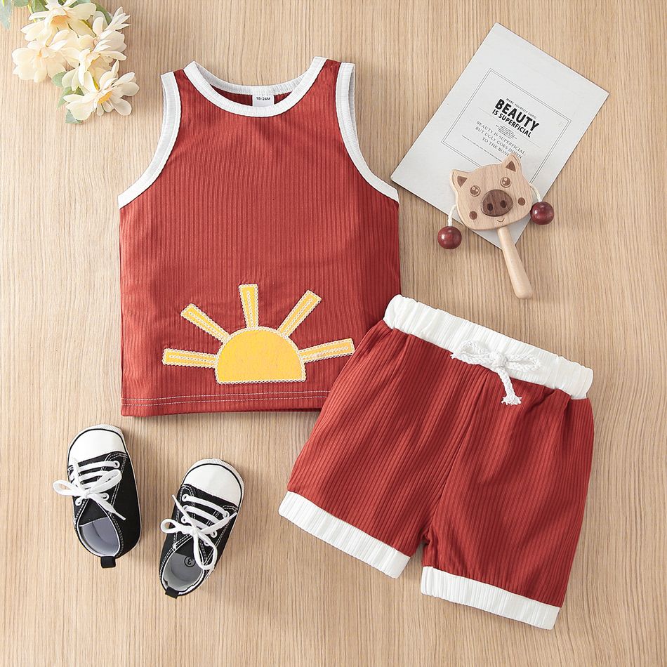 2pcs Toddler Boy/Girl Playful Cactus/Sun/Rainbow Embroidered Tank Top & Shorts Set Khaki