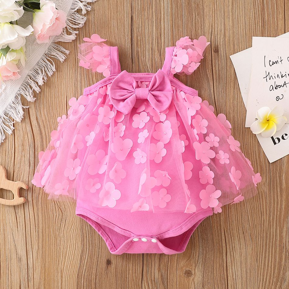 Baby Girl 95% Cotton Flutter-sleeve Bow Front Allover 3D Floral Appliques Mesh Romper Light Pink big image 1