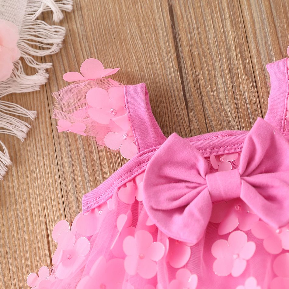 Baby Girl 95% Cotton Flutter-sleeve Bow Front Allover 3D Floral Appliques Mesh Romper Light Pink big image 4
