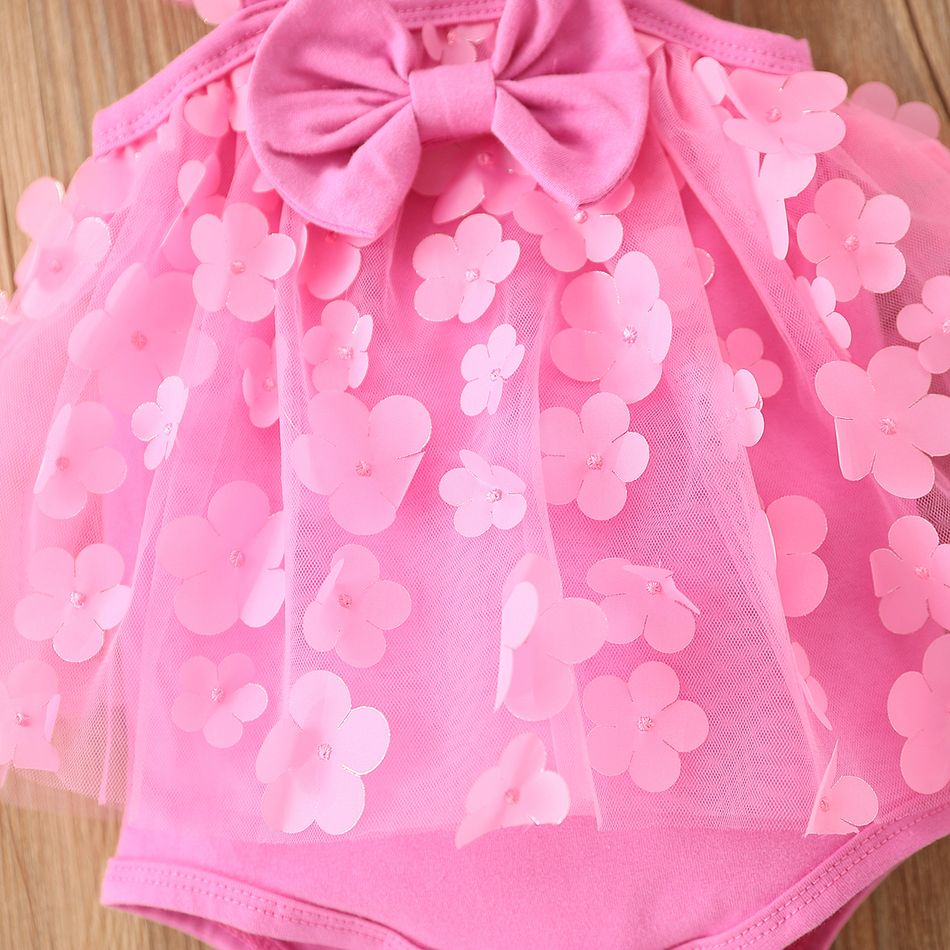 Baby Girl 95% Cotton Flutter-sleeve Bow Front Allover 3D Floral Appliques Mesh Romper Light Pink big image 5