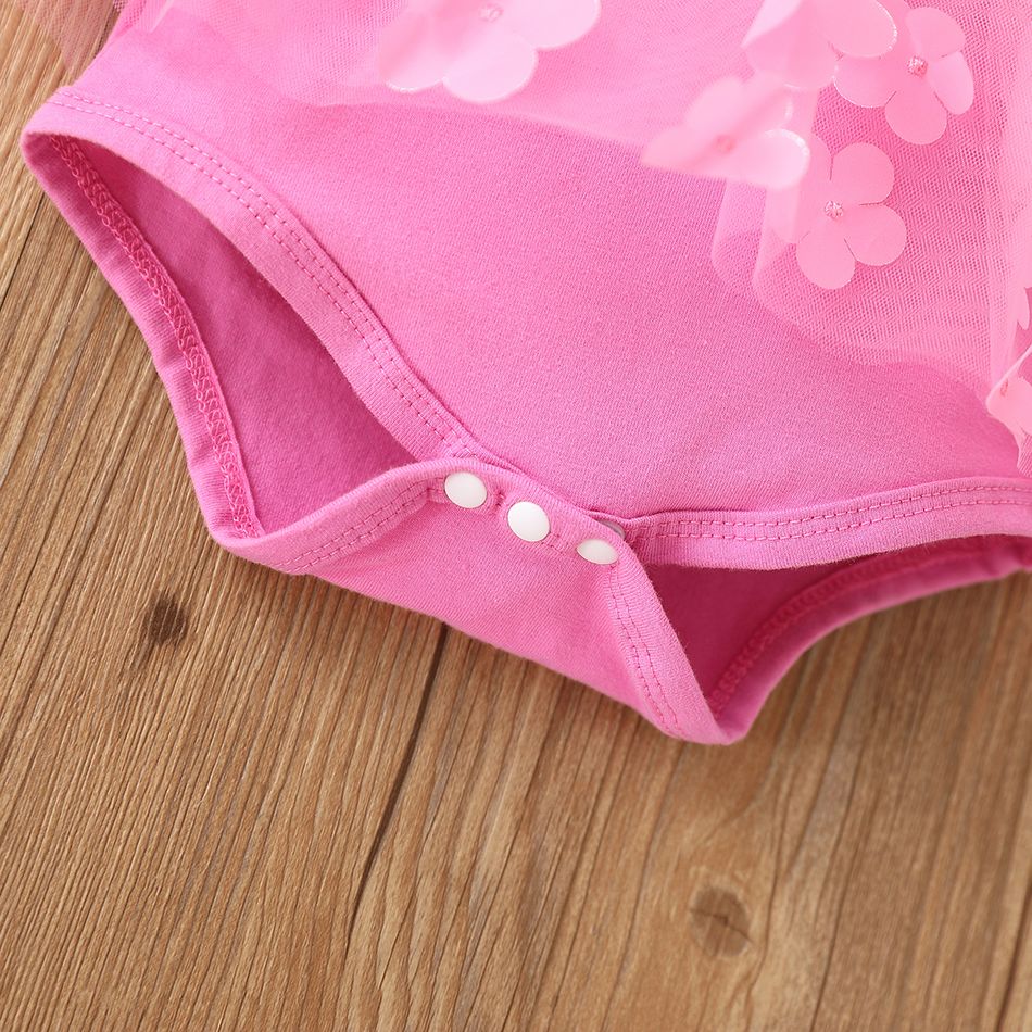 Baby Girl 95% Cotton Flutter-sleeve Bow Front Allover 3D Floral Appliques Mesh Romper Light Pink big image 6