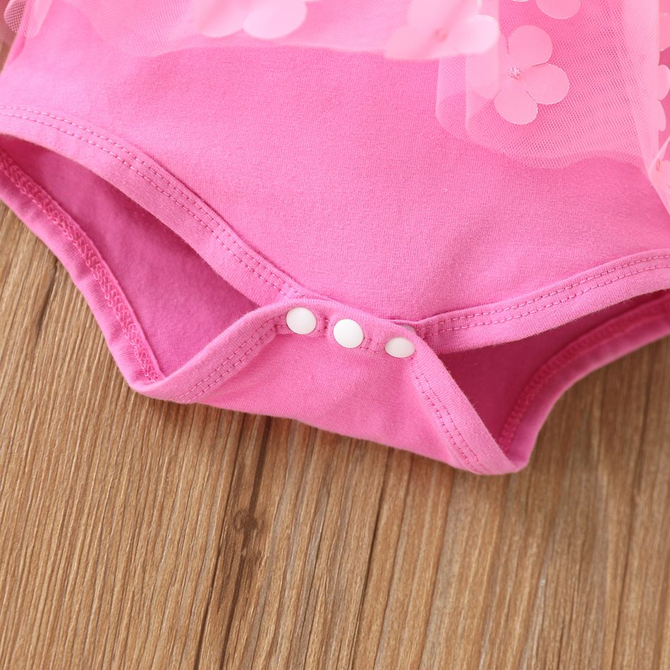 Baby Girl 95% Cotton Flutter-sleeve Bow Front Allover 3D Floral Appliques Mesh Romper Light Pink big image 7