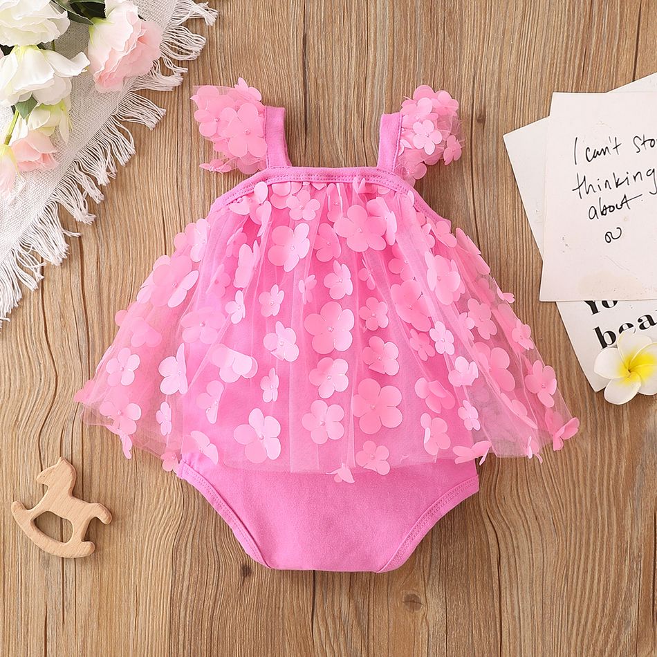 Baby Girl 95% Cotton Flutter-sleeve Bow Front Allover 3D Floral Appliques Mesh Romper Light Pink big image 2