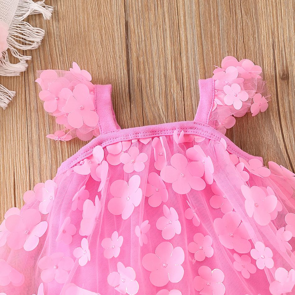 Baby Girl 95% Cotton Flutter-sleeve Bow Front Allover 3D Floral Appliques Mesh Romper Light Pink