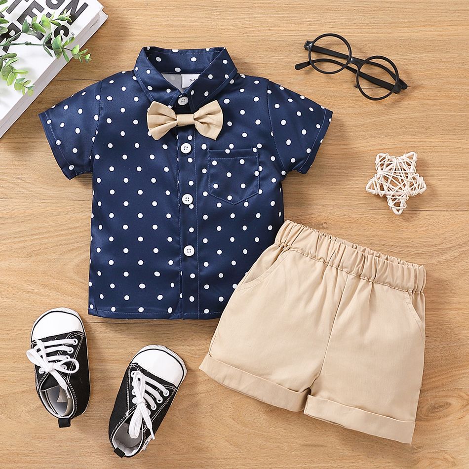 2pcs Baby Boy 100% Cotton Roll Up Hem Shorts and Bow Tie Decor Polka Dots Short-sleeve Shirt Set Tibetanblue