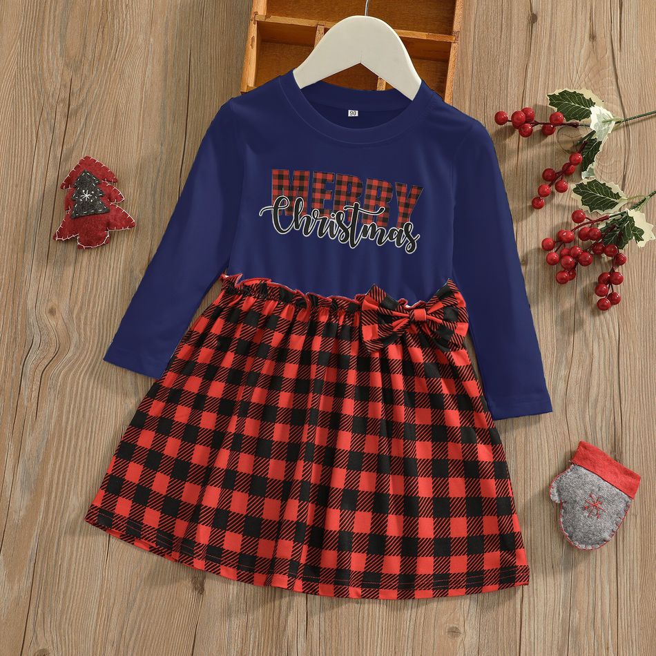 Kid Girl 100% Cotton Christmas Letter Print Bowknot Design Plaid Splice Long-sleeve Dress Royal Blue