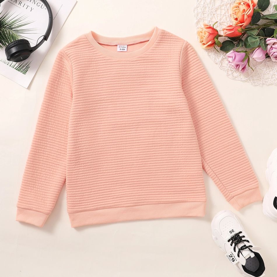 Kid Boy/Kid Girl Textured Solid Color Round-collar Sweatshirt Pink