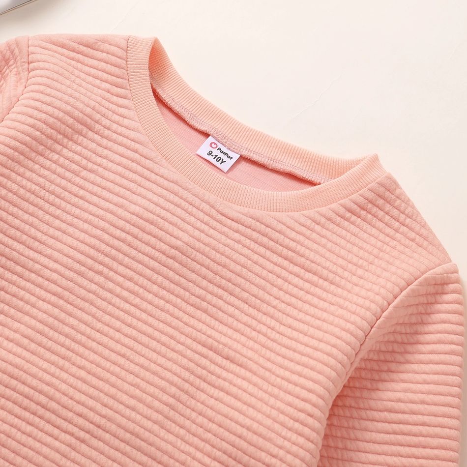 Kid Boy/Kid Girl Textured Solid Color Round-collar Sweatshirt Pink big image 3