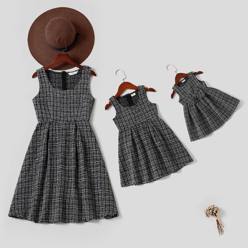 Black and White Tweed Sleeveless A-line Dress for Mom and Me Black/White