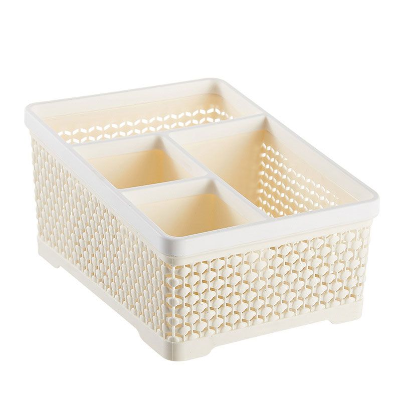 Imitation Rattan Desktop Storage Box Plastic Storage Baskets Organizer for Cosmetics Office Student Stationery Beige