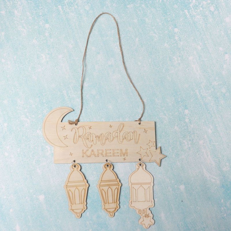 Wooden Pendant Ornament Wooden Hanging Plaque Sign for Islam Ramadan Mubarak Eid Decoration Creamy White