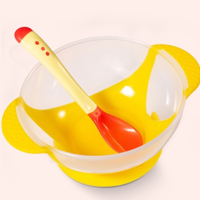 Baby Transparent Integrated Sucker Bowl with Silicone Temperature Spoon safe and durable Baby Self-Feeding Utensils Set for Self-Training Yellow