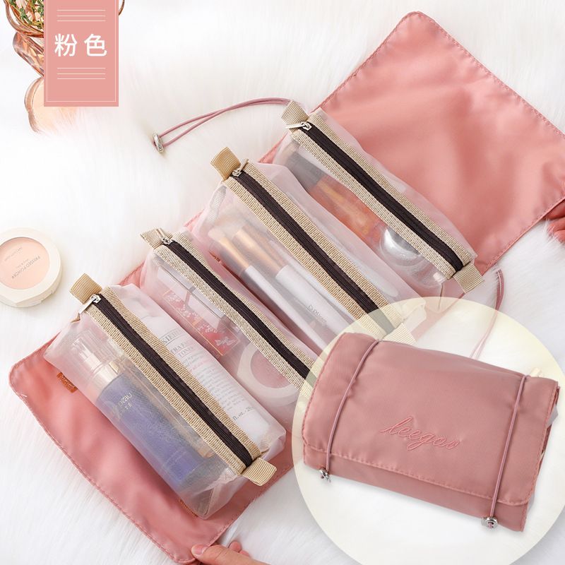 4 in 1 Hanging Roll-Up Makeup Bag Toiletry Bag Large Capacity Portable Detachable Storage Bag Travel Organizer for Cosmetics and Personal Care Pink