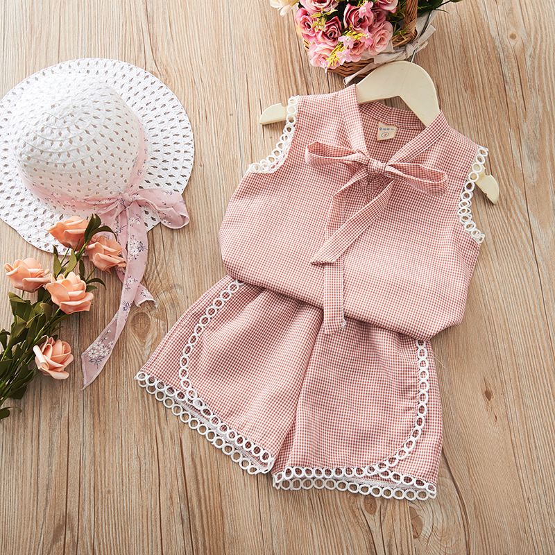 2pcs Plaide Print Bow and Lace Decor Sleeveless Pink or Blue Toddler Set Light Pink