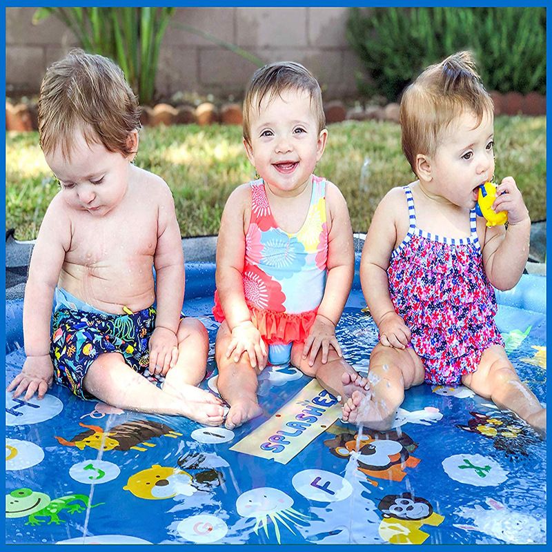 Kids Splash Pad Water Spray Play Mat Sprinkler Wading Pool Outdoor Inflatable Water Summer Toys with Alphabet Blue big image 4
