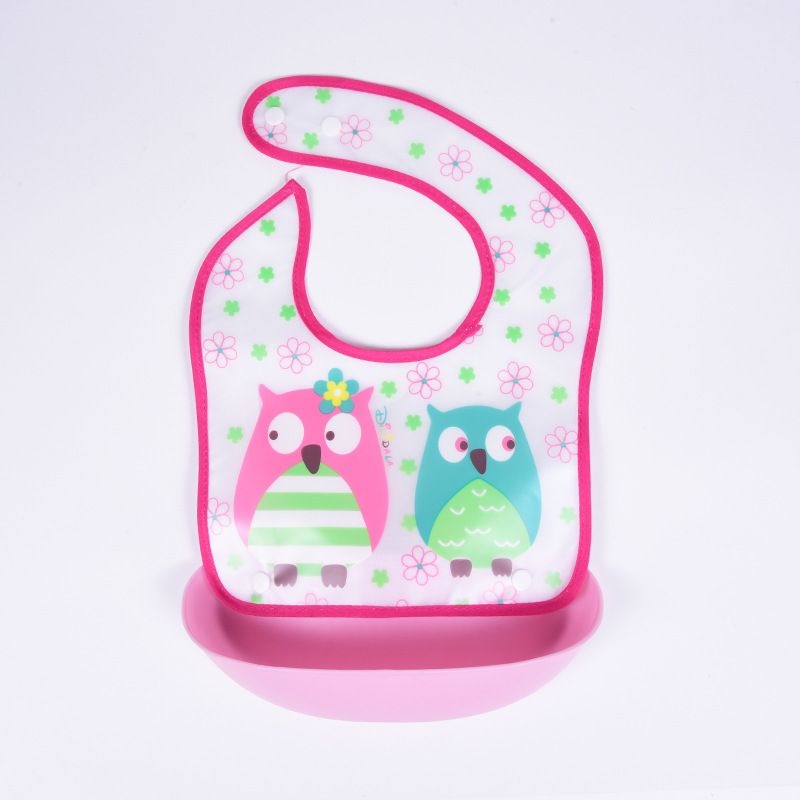 Detachable Baby Bibs with Food Catcher Pocket Waterproof EVA Cartoon Bibs Pink