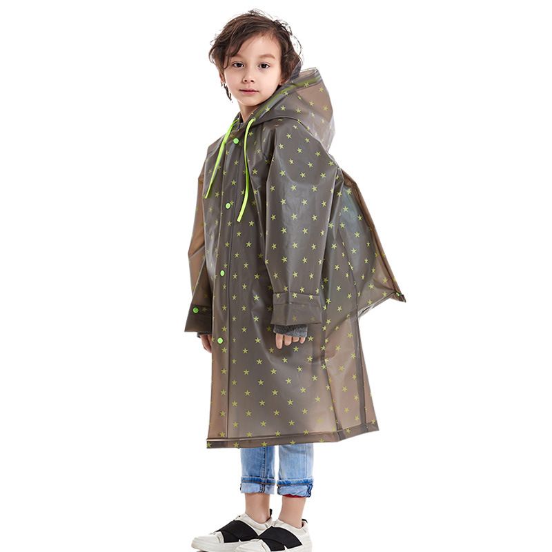 Kid Raincoat Star Print EVA Waterproof Hooded Schoolbag Cover Rainwear with Schoolbag Bit Khaki