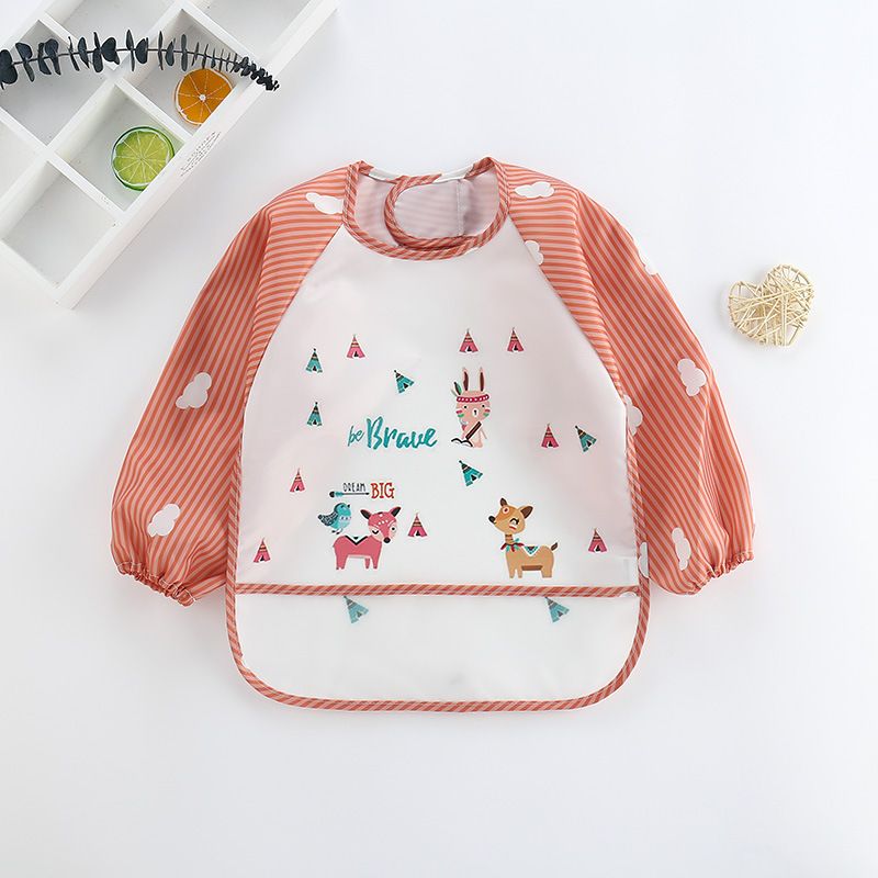 Baby Cartoon Animal Pattern Long-sleeve Smock Waterproof Bib Toddler Eating Clothes Bib Red