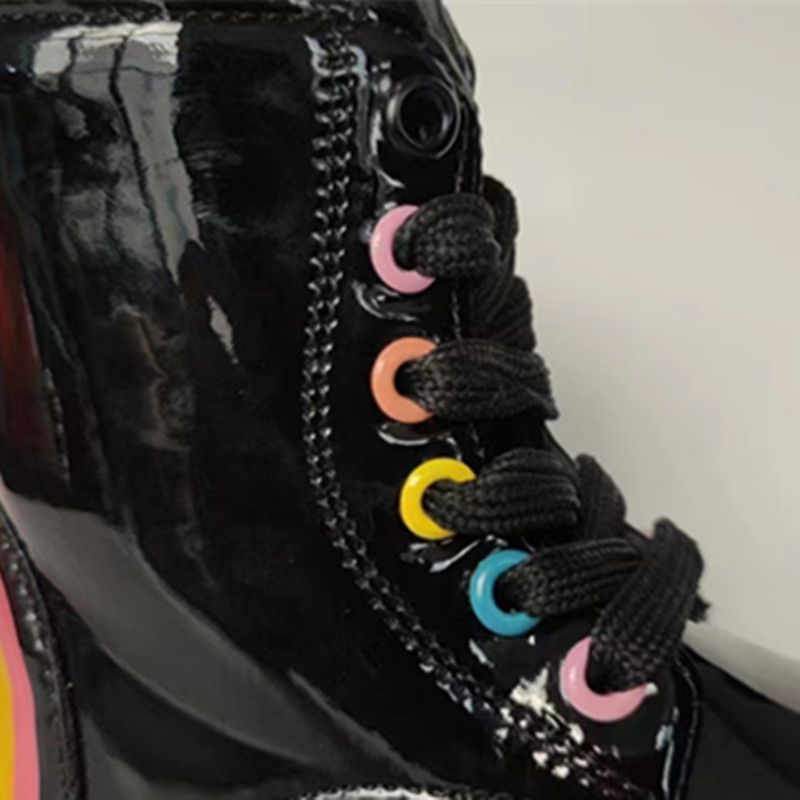 Toddler / Kid Rainbow Pattern Lace Up Boots (The color of the eyelet and heel rainbow is random) Black