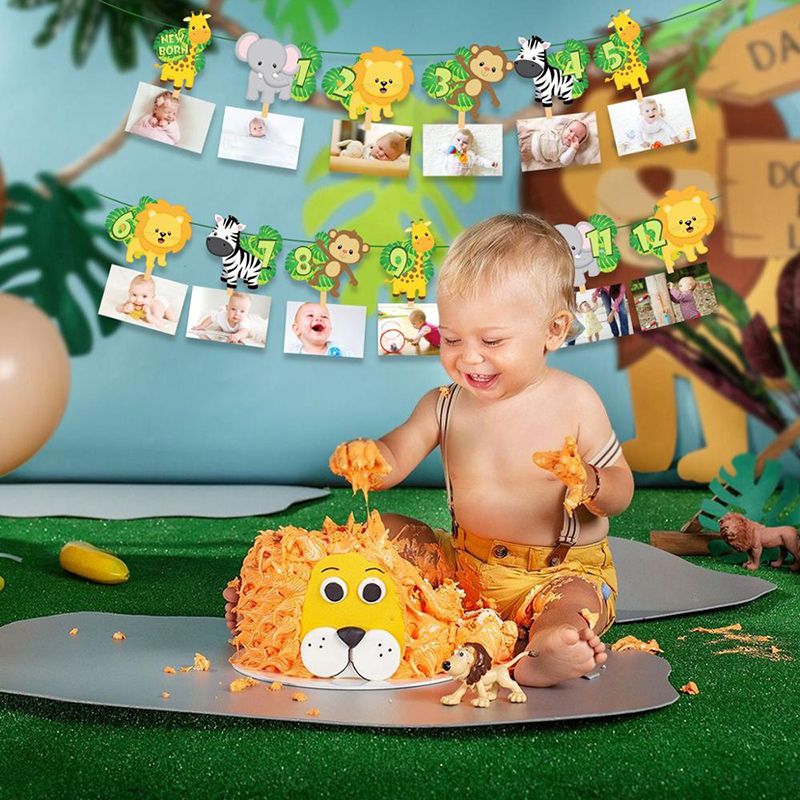 Jungle 1st Birthday Photo Banner 12 Month Display Milestone Animal Photo Banner Birthday Decoration Supplies Jungle Safari Party Theme Green big image 3