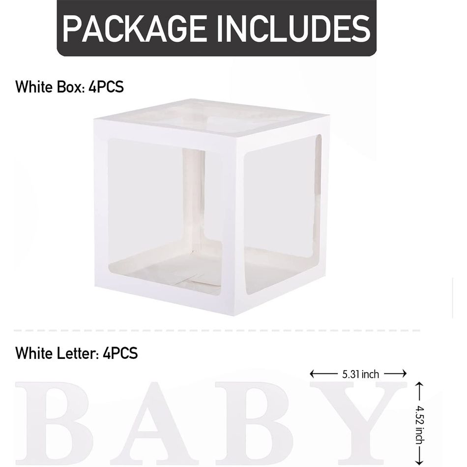 Caixas de chá de bebê de 3/4 caixas para decoração de festa caixas de balões transparentes com letras blocos transparentes individuais para chás de panela de revelação de gênero Branco big image 3
