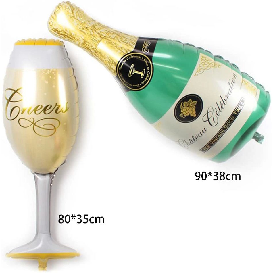 2 große Champagnerflaschen und Becher Weingläser Luftballons Partydeko Requisiten Prost! Mehrfarbig