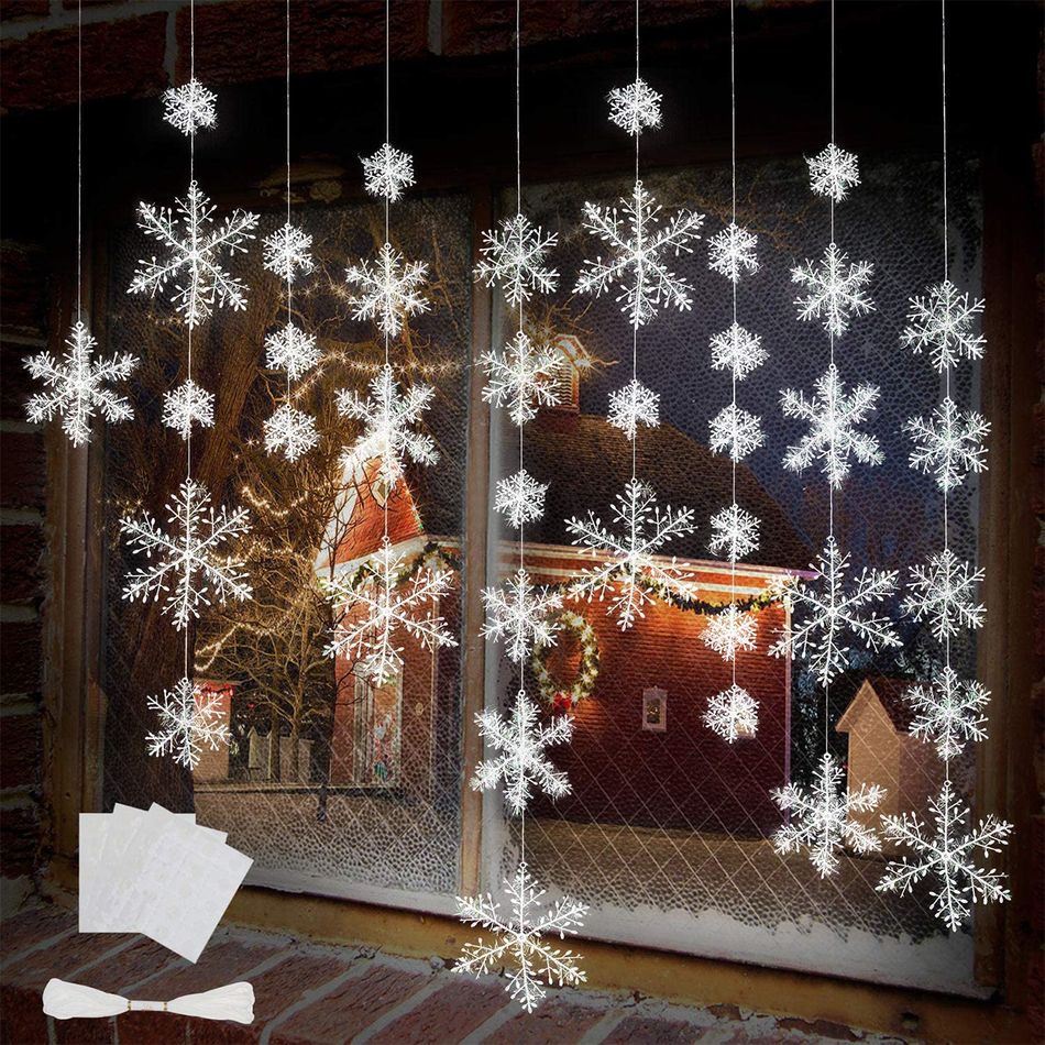 63 peças decorações penduradas de floco de neve de natal enfeites de floco de neve branco guirlanda festa de inverno país das maravilhas suprimentos de férias de natal Branco big image 2