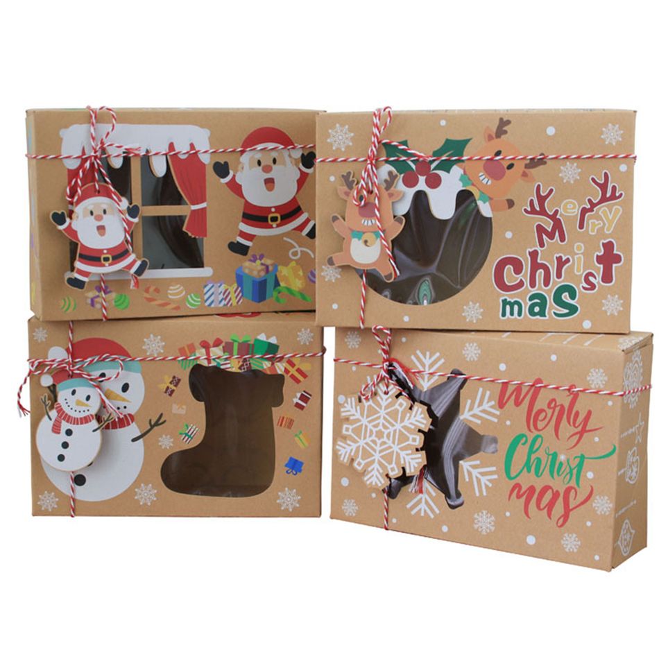 4 قطع عيد الميلاد نمط ورق الكرافت مربع التعبئة والتغليف هدية عيد الميلاد مربع متعدد الألوان big image 2