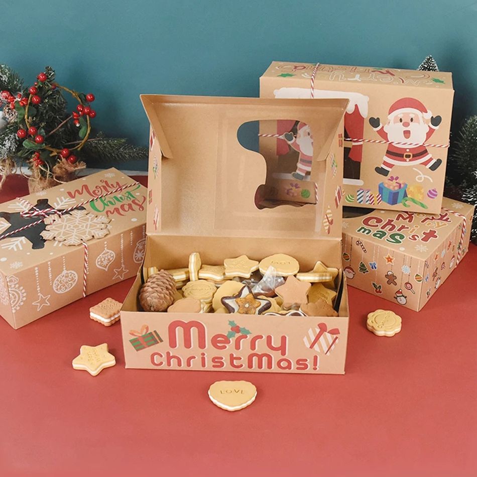 4 قطع عيد الميلاد نمط ورق الكرافت مربع التعبئة والتغليف هدية عيد الميلاد مربع متعدد الألوان big image 5