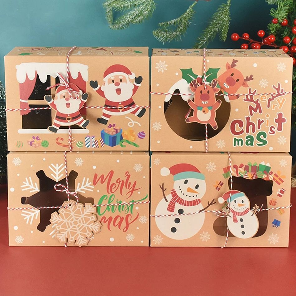 4 قطع عيد الميلاد نمط ورق الكرافت مربع التعبئة والتغليف هدية عيد الميلاد مربع متعدد الألوان