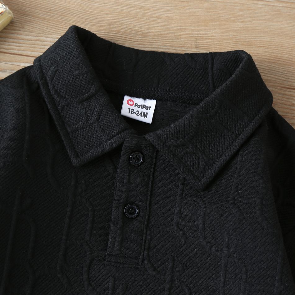 Toddler Boy Basic Polo Collar Textured Button Design Pullover Sweatshirt Black big image 2