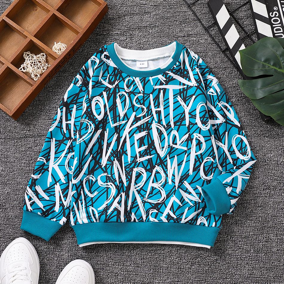 Toddler Boy Trendy Allover Letter Print Pullover Sweatshirt Dark Blue big image 1