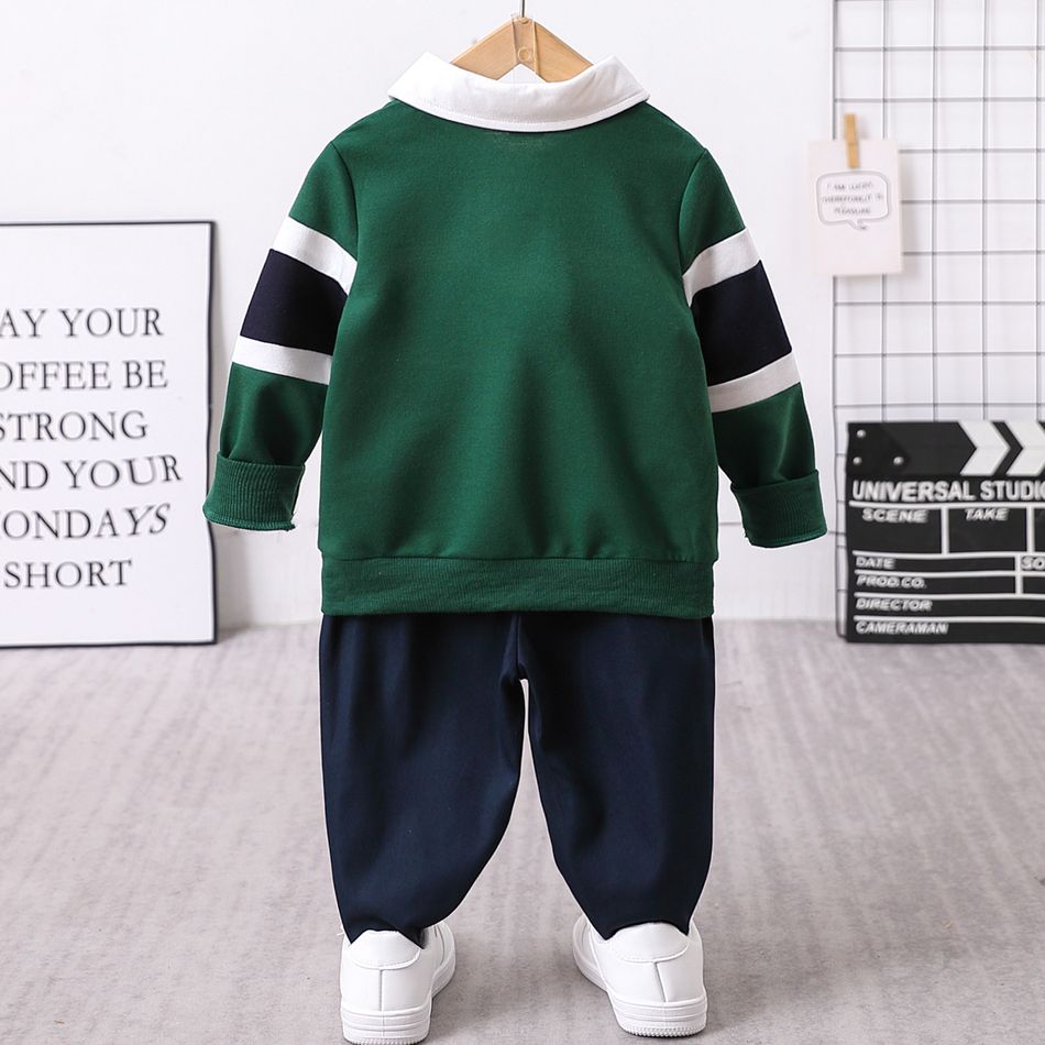 2pcs Toddler Boy Preppy style Stripe Polo Sweatshirt and Pants Set Green big image 2