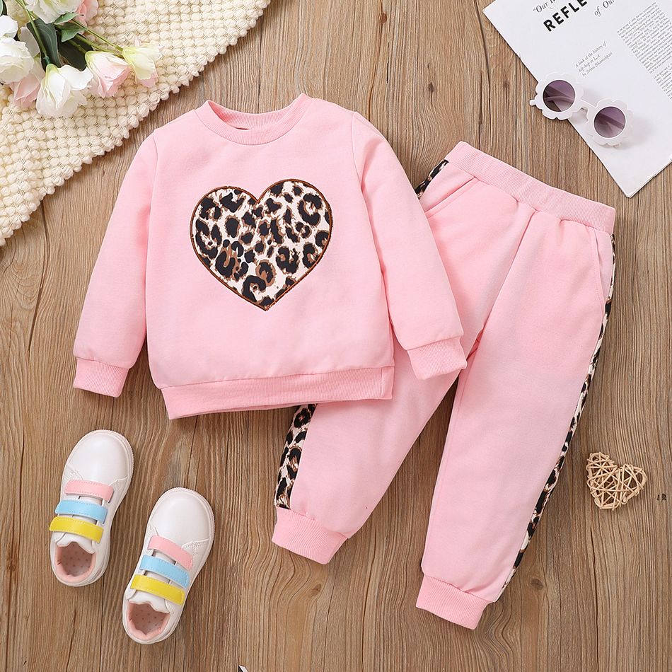 2pcs Toddler Girl Trendy Leopard Print Pink Sweatshirt and Pants Set Pink big image 1
