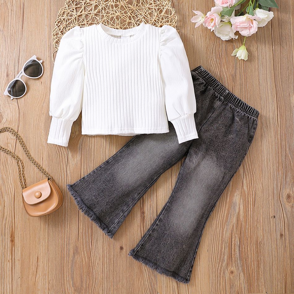 2pcs Toddler Girl Sweet Flared 100% Cotton Denim Jeans and Puff-sleeve Tee Set White big image 1