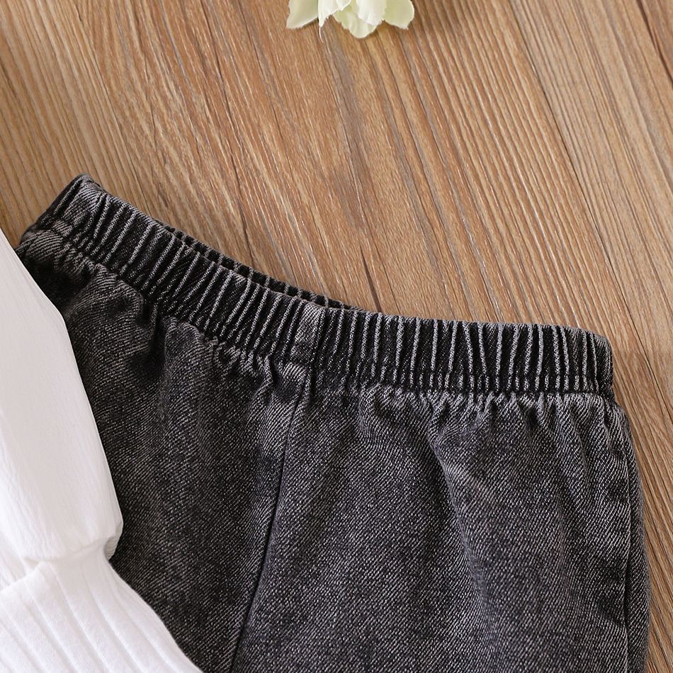 2pcs Toddler Girl Sweet Flared 100% Cotton Denim Jeans and Puff-sleeve Tee Set White big image 6