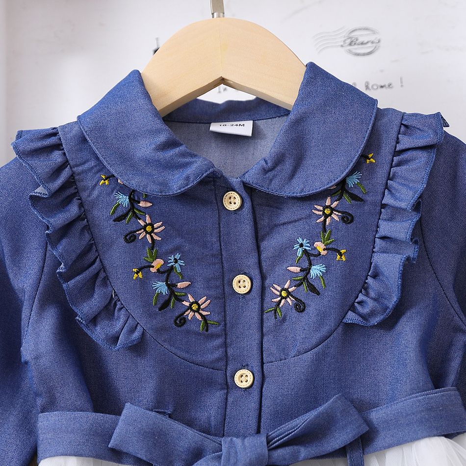 Toddler Girl Sweet Denim Mesh Splice Floral Embroidered Doll Collar Dress Blue big image 3