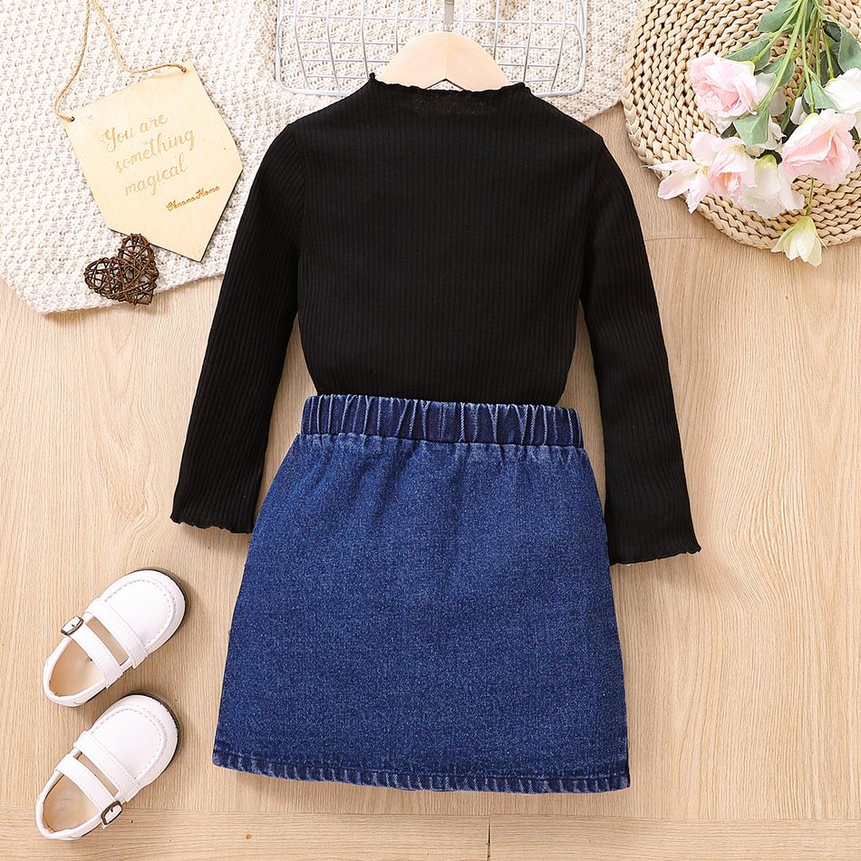 2pcs Toddler Girl Trendy Button Design Denim Skirt and Mock Neck Black Tee Set Black big image 2
