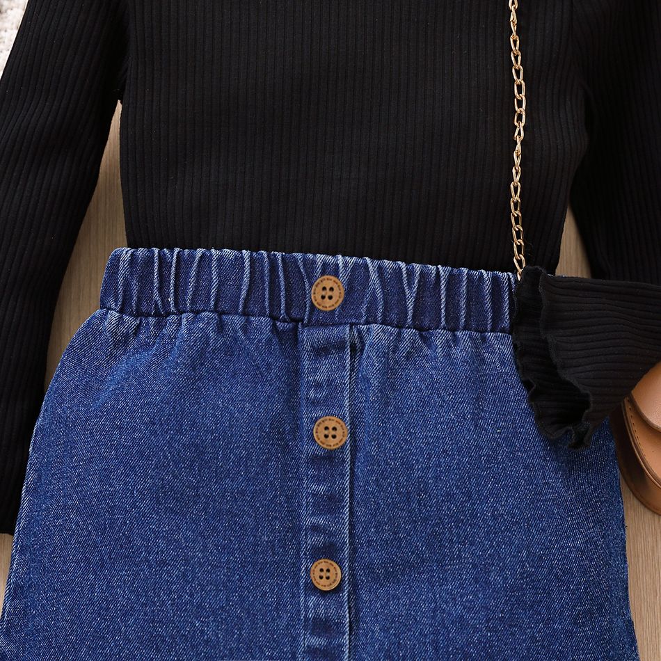 2pcs Toddler Girl Trendy Button Design Denim Skirt and Mock Neck Black Tee Set Black big image 4
