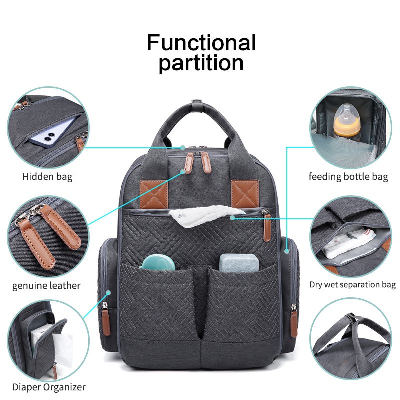 bolsa de fraldas bordada mochila mãe bolsa de viagem multifuncional alça de viagem mochila grande capacidade leve mochila de troca de bebê com fivela de carrinho Cinza Escuro big image 1