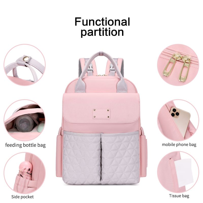 Diaper Bag Backpack Mom Bag Multifunction Travel Handle Back Pack with Stroller Buckle Pink big image 2